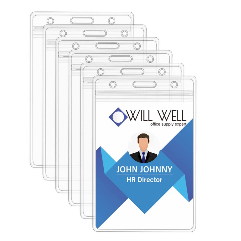 Will Well ID Badge Holders with Holes for Lanyards and Keyrings - Vertical Clear Plastic 2.5" x 3.7" Inner Size Sleeves Fit Up to 3 Cards, 0.8mm Thick Waterproof Resealable Zip Type - 6-Pack - Image 1